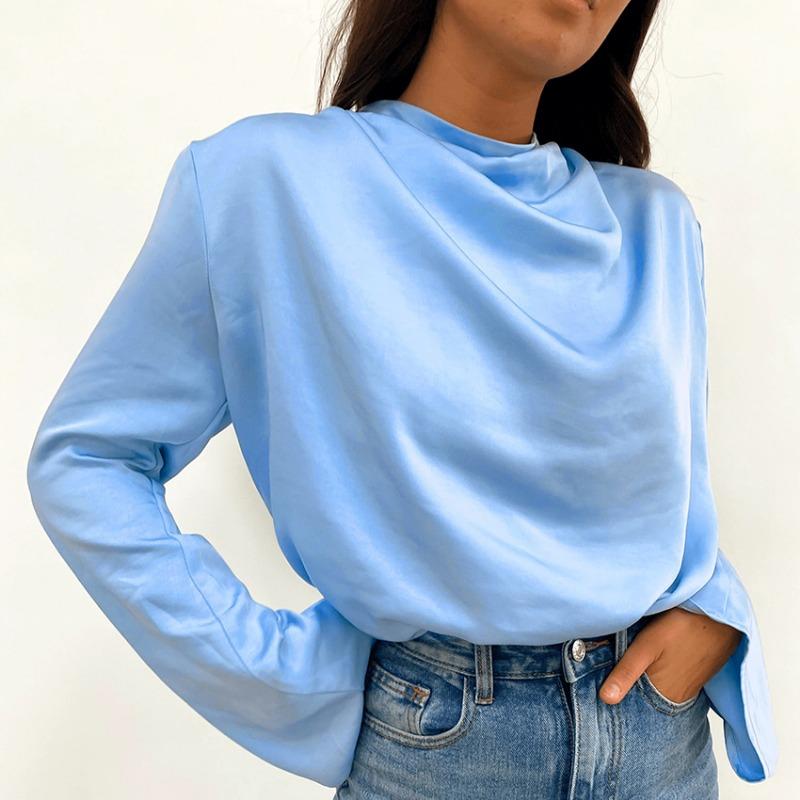 Vintage Women Elegant Cowl Neck Soft Loose Blouse Fashion Top Casual Female Fold Design Tops Girls Blouses Thin Shirts for Women Bottom