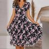 Elegant Women Casual Dress Retro Floral Print Chiffon Long Dress V Neck Short Sleeve Harajuku Party Ladies Fashion Autumn New Style