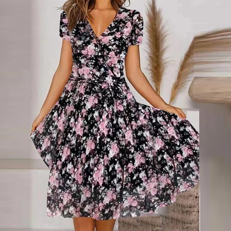 Elegant Women Casual Dress Retro Floral Print Chiffon Long Dress V Neck Short Sleeve Harajuku Party Ladies Fashion Autumn New Style