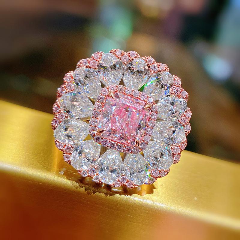 Super Sparkling Cherry Blossom Blooming Seasonal Treasure Ring, Pillow-Shaped Argyle Pink Diamond Ring Temperament Socialite Woman