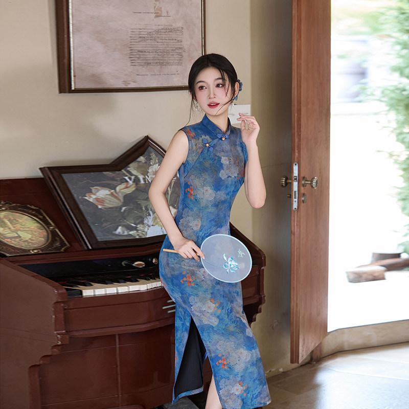 Blau ärmellos nationaler Stil neu Chinesisch täglich Suzhou langer Cheongsam verbessert jung 1011 neu Damen hoher Sinn