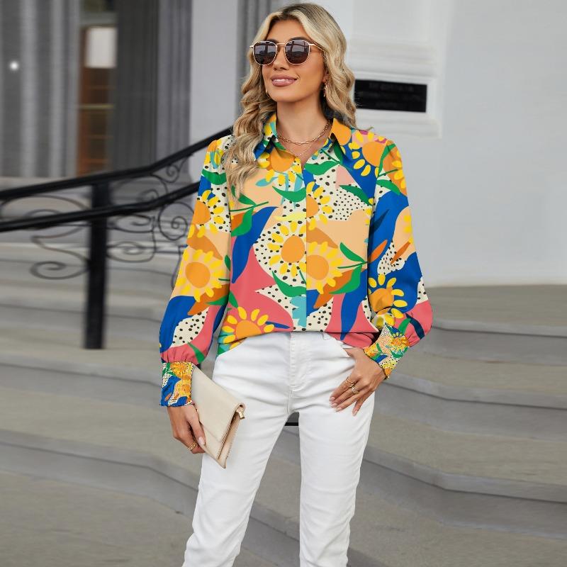 Cămașă de damă de primăvară și toamnă, cu rever, cu mânecă lungă imprimată
