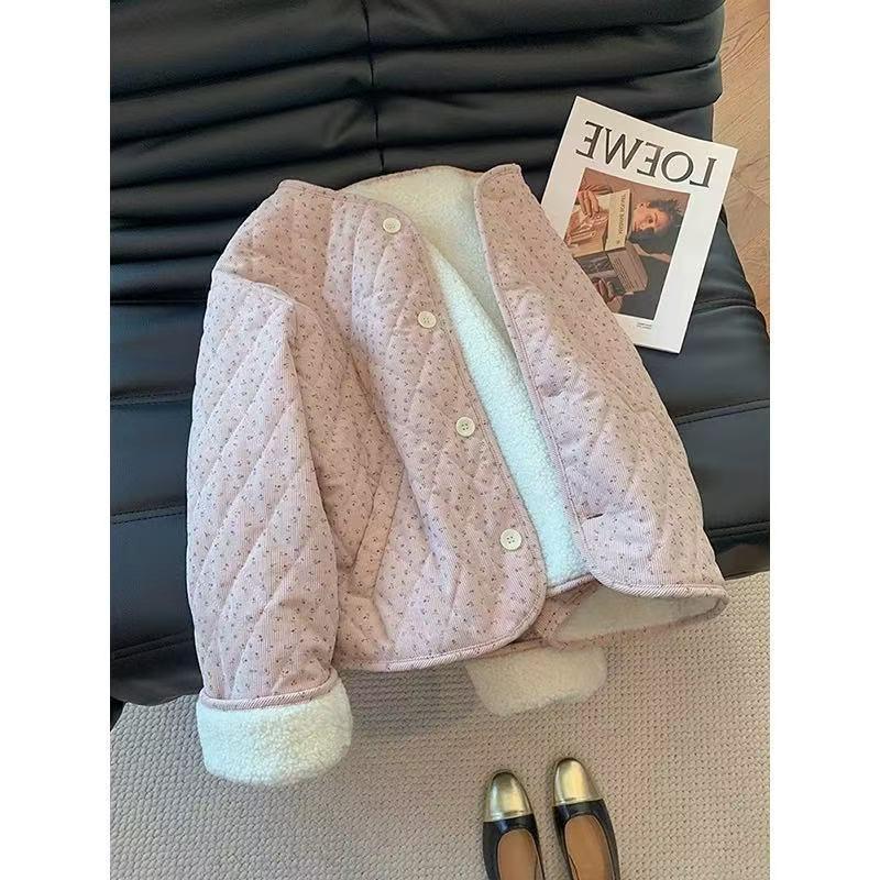 

Женская куртка из хлопкового вельвета с цветочным принтом - корейский шик, круглый вырез, длинный рукав, универсальная, теплая и свободная для осени/зимы. Medium розовый