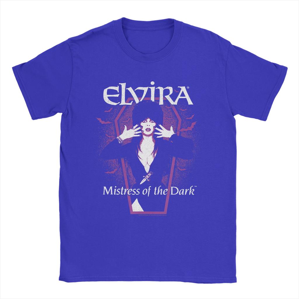 Elvira Dark Purple Bats and Coffin TShirt for Unisex Round Collar Short Sleeve T Shirts Big Size Clothing