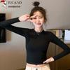 Woodpecker Women's Slim Fit Crop Mock Neck Long Sleeve T-Shirt