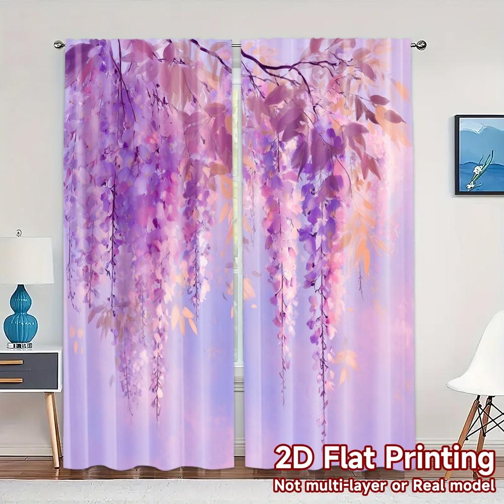 2pcs, 2D FLAT PRINTING Curtains (Without Rod) Wisteria Bliss Chic Chic Curtains Polyester Easy Install Curtains Room Decor
