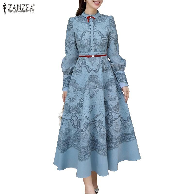 ZANZEA Rochie lungă cu mânecă lungă, lejeră, cu gât rotund, imprimeu liber