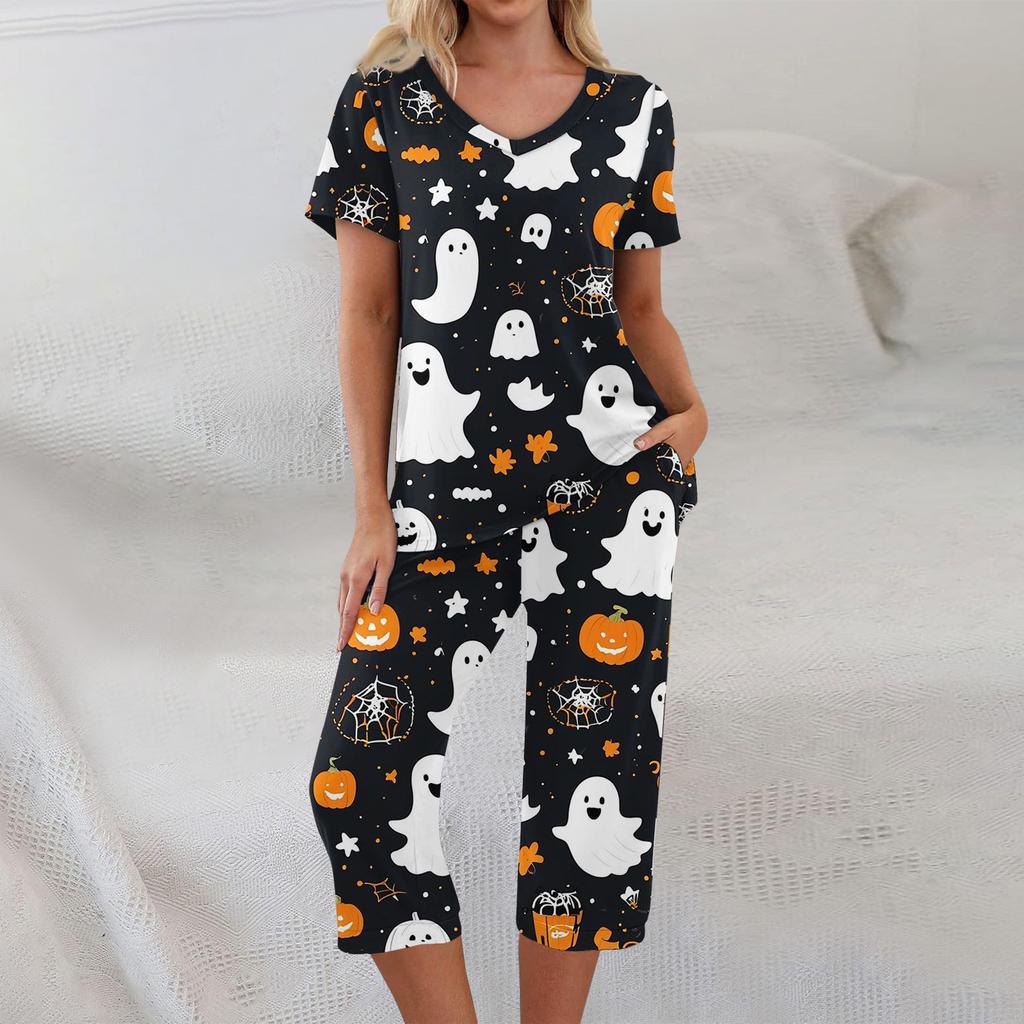 Dvoudílné soupravy pro ženy Krátký rukáv Top a Kalhoty s kapsami Cvičení Měkké Halloweenský potisk Soupravy