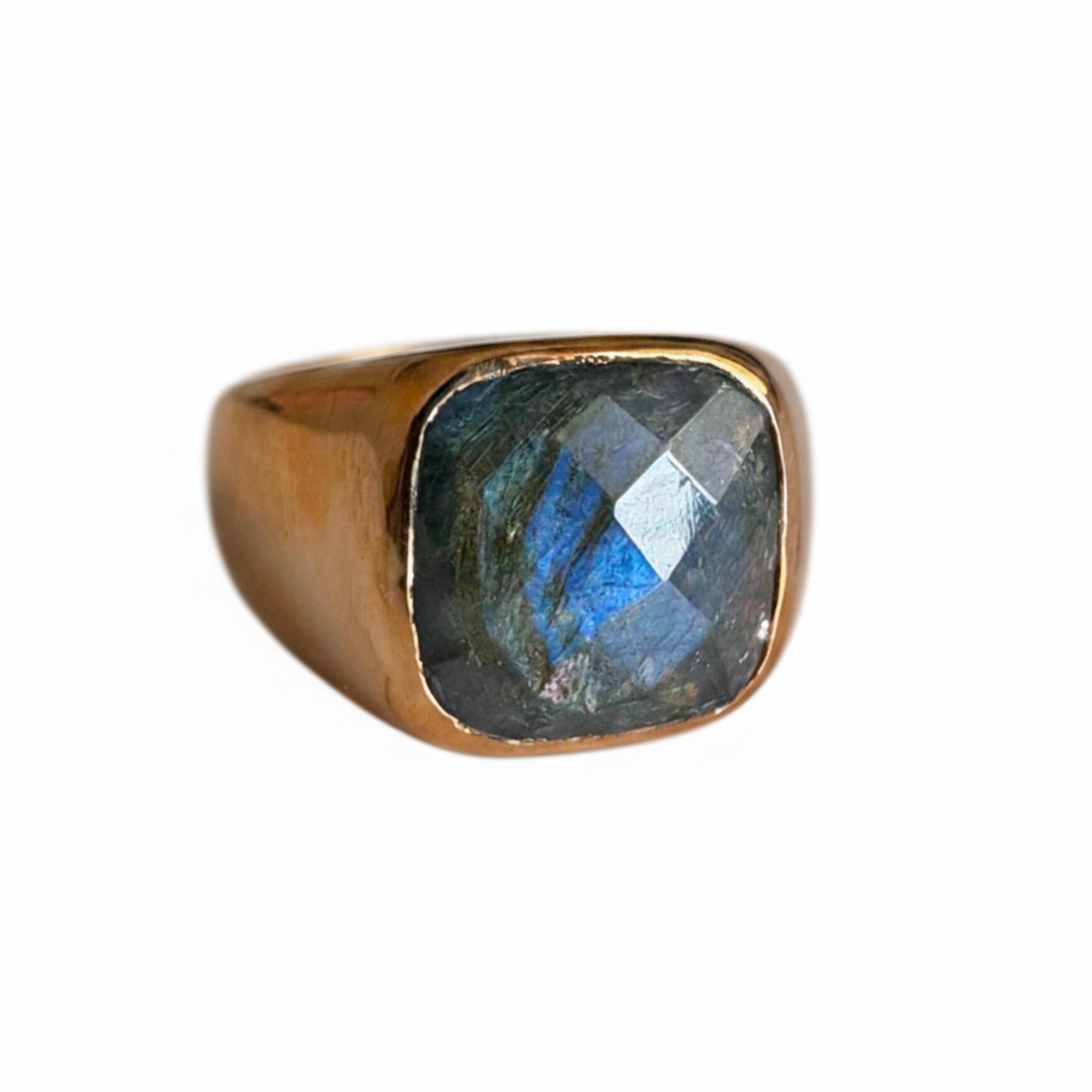 

Blue Labradorite Signet Ring, 925 Solid Sterling Silver, Cushion Shape Gemstone Ring, Men Women Ring 11.5 медный