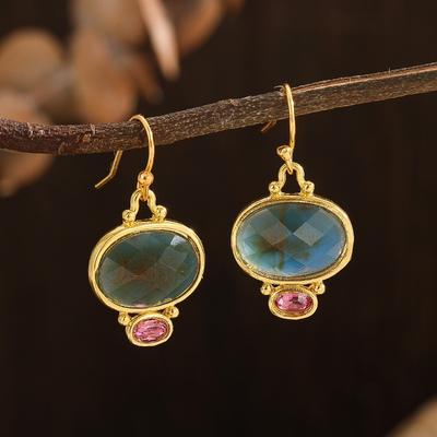 Exquis Boucle d'oreille pendante ronde couleur or incrustée de pierres vertes et rouges pour femme Tendance Fête Fiançailles Mariage Boucles d'oreilles Bijoux