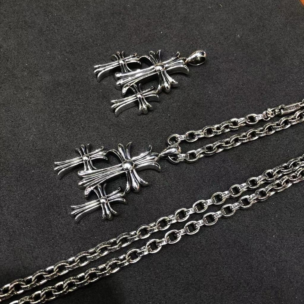 Chrome Hearts Gothic Forest Cross Pendant Necklace - Men's Retro Thai Silver Round Bead Necklace