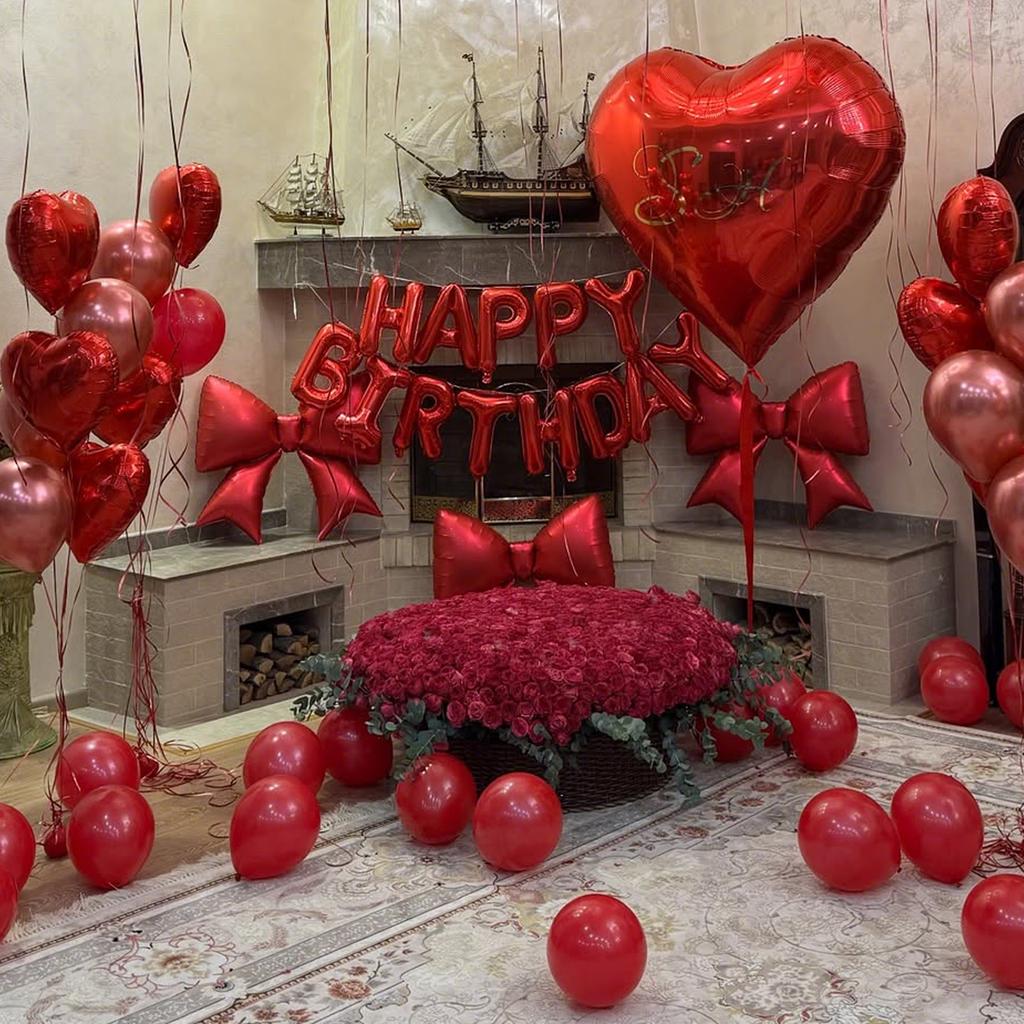 Bow Love Birthday Balloon Set Happy Birthday Balloon 32 Inch Love Aluminum Film Balloon Birthday Party Interior Decoration