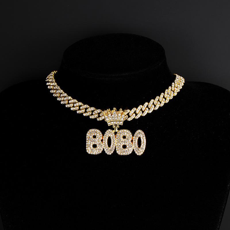 European & American Full Diamond Letter BOBO Pendant with Cuban Chain Necklace - Exaggerated Hip Hop Style Accessories for Couples