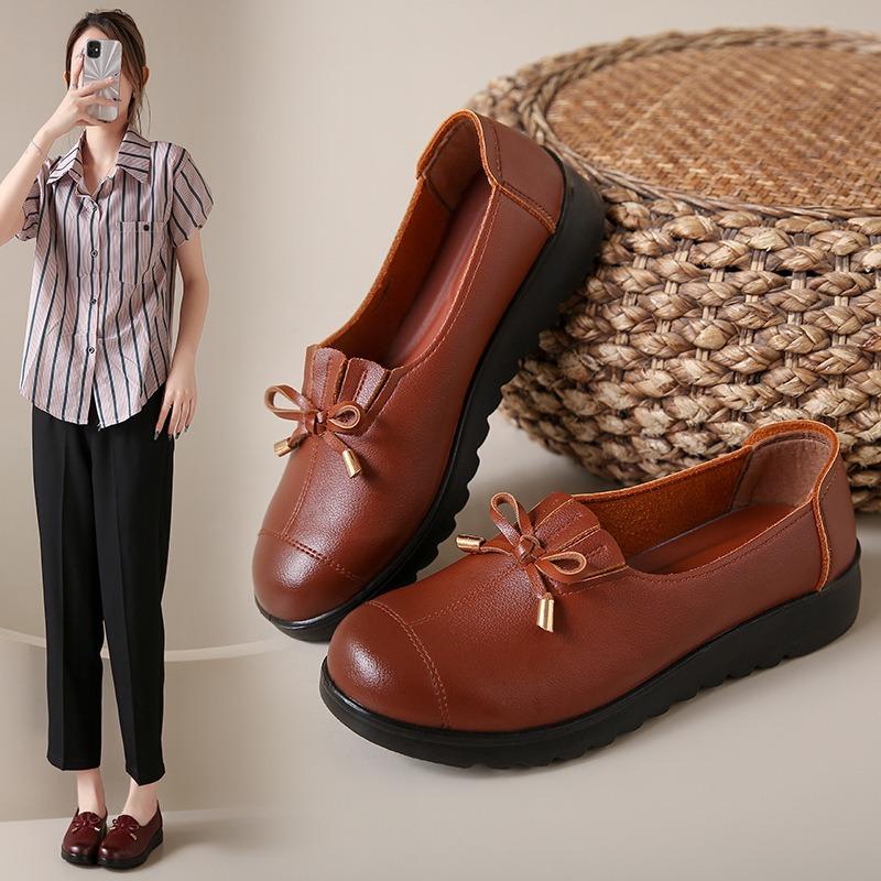 Women's Leather Slip-On Loafers Comfortable Thick Sole Casual Shoes with Bow Detail