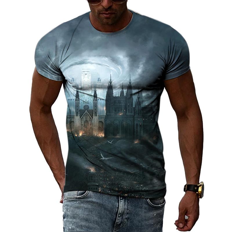 Zajímavé Kreativní Kresba Hrad Krajina Muži Trička 3D Móda Ležérní Osobnost Hip Hop Harajuku Potisk Tričko s krátkým rukávem