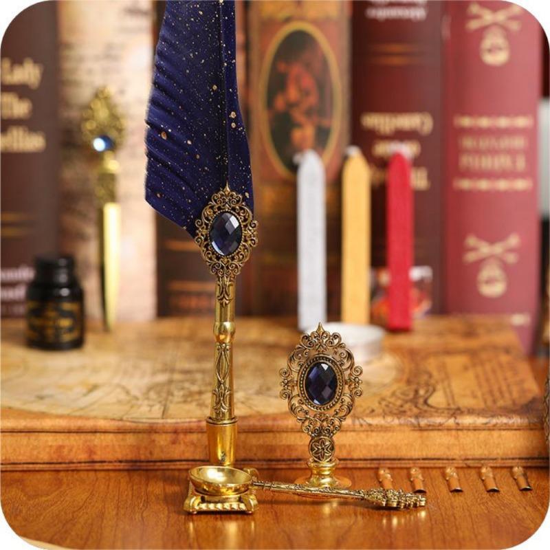 1SET Magic Gem Feather Pen Harry Potter European Vintage Fire Lacquer Seal Dip Pen Pen Gift Box Birthday Gift