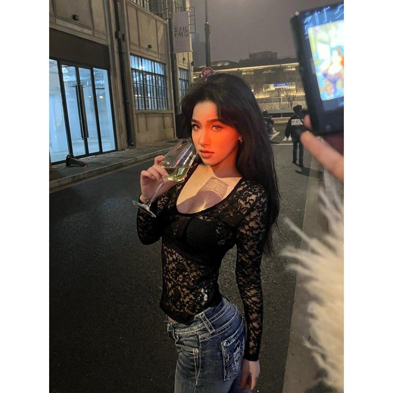 

Fashion Style V-neck Sexy Lace Long Sleeves Bottoming Shirt Women s Spring Sexy Inner Wear Pure Color Chest Pad Short Mesh Tops Black S