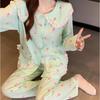 Fresh Green Sweet Strawberry Print Women's Pajamas French Doll Collar Cloud Cotton Homewear New Long Sleeve Sleepwear