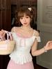 Korea Chic Fake Two-piece Design Sense Shirt Summer New Sweet Lace Shirt Cropped Tops Off Shoulder Sexy Casual Camisole Top