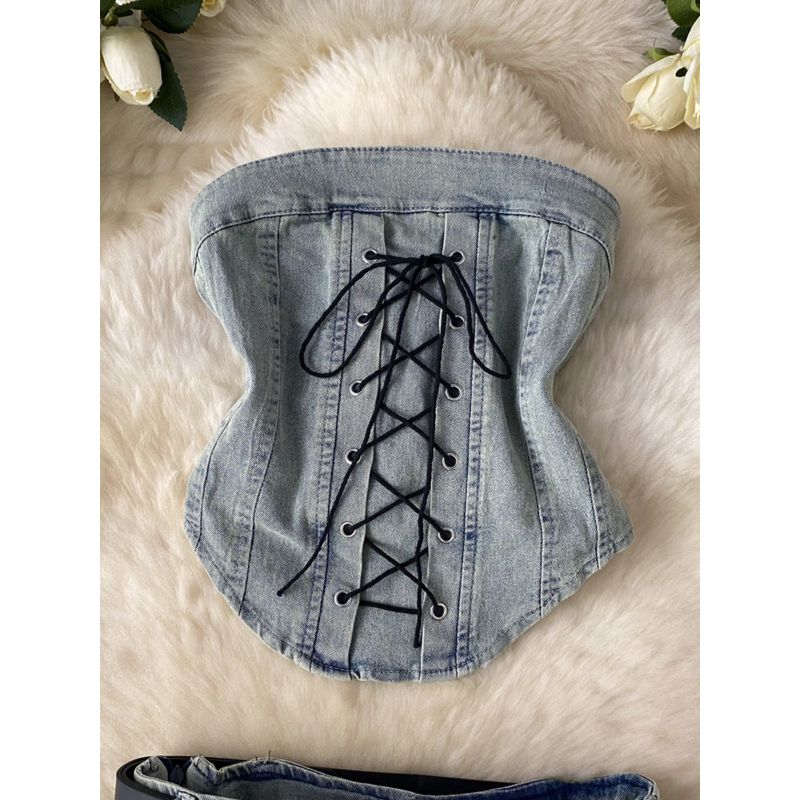 Hot Stylish Lace-up Waist-Controlled Asymmetrical Tube Top Vest Two-Piece Set Women's Dress with Belt Denim Skirt