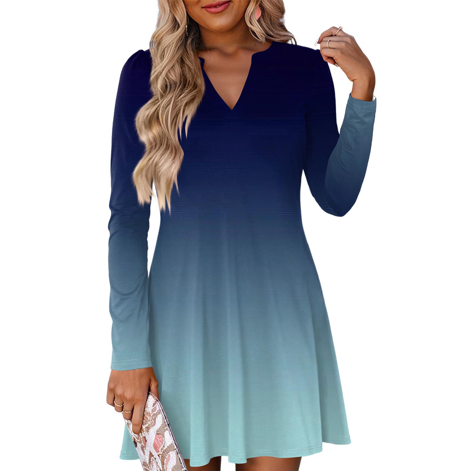 

Женское модное платье с градиентным V-образным вырезом и длинными рукавами XXL