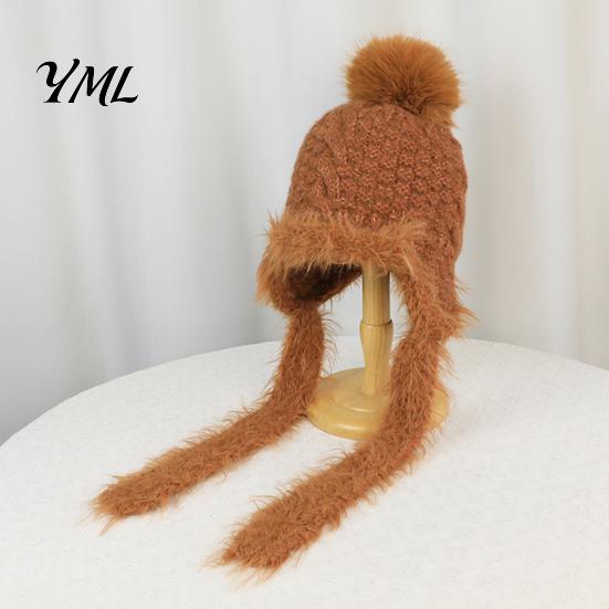 Outdoor Cycling Winter Hat Women Knitted Earflap Hat, Fuzzy Trim Pompom Soft Warm Small Face Effect Knit for Cycling, Cold Weather Daily Wear