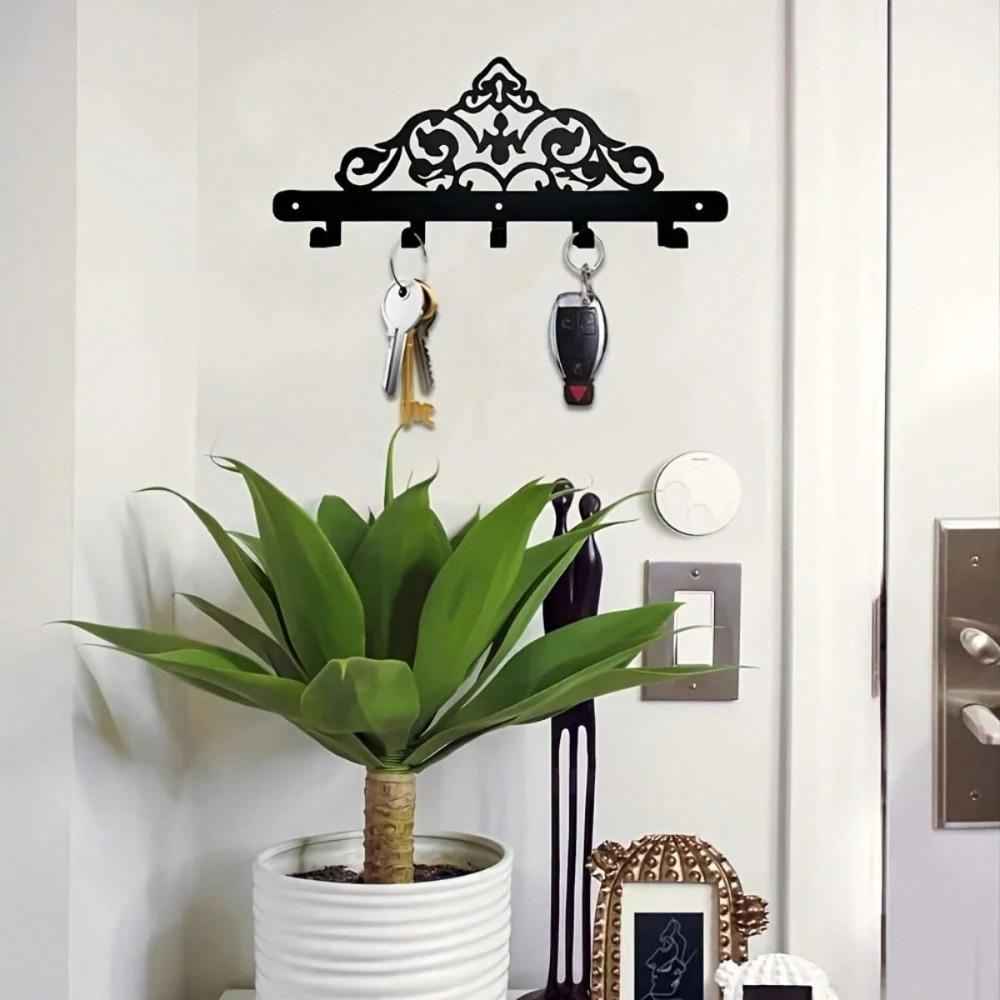 Heavy Duty 5 Hook Cast Iron Key Holder Wall Mounted Entryway Organizer Black White Powder Coated Modern Space Saving Decor