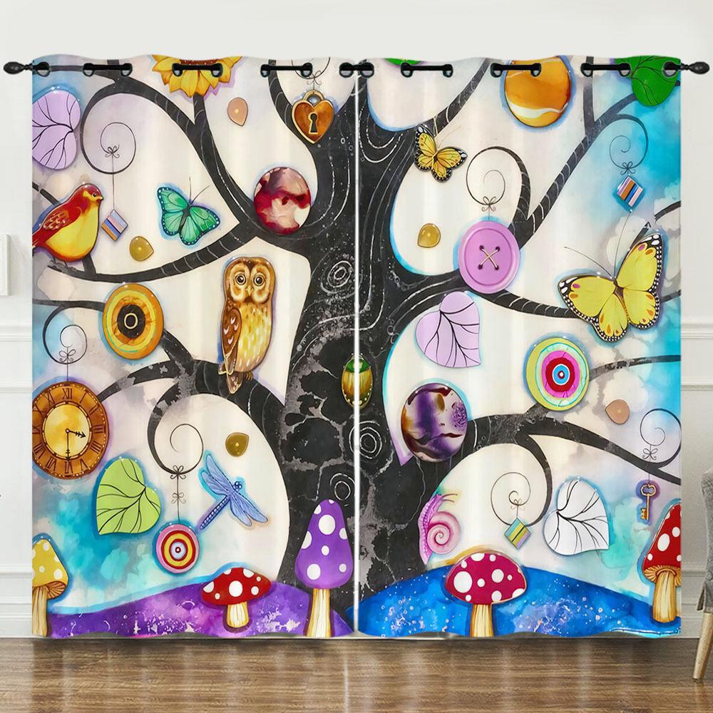 Curtain Wish Tree Owl 3D Digital Printing Blackout Curtain Punching