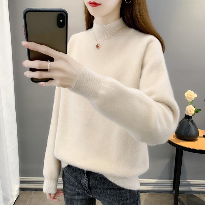 Autumn Winter Half High Collar Solid Color Simple Sweater Women Loose Casual All-match Pullover Knitting Top