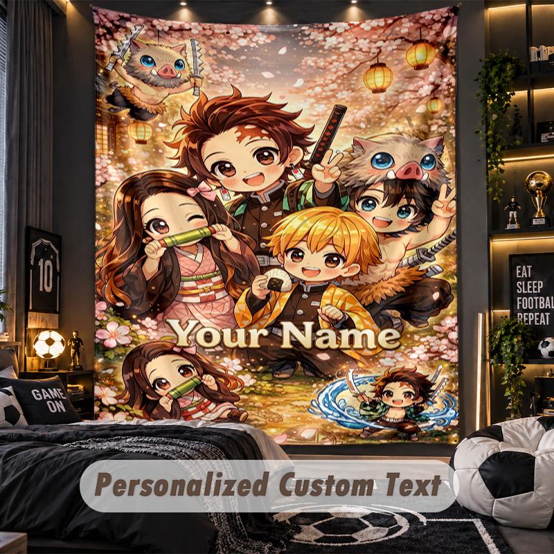 Personalized Wall Tapestry,Demon Slayer Custom Printed Name, Fabric Wall Art For Indoor Room Backdrop