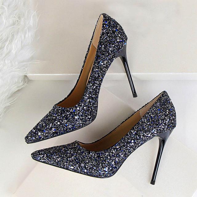 Designer Frauen Luxus Glitter Ballschuhe Silber Blau Rose Gold Heels Stiletto Pumps Weibliche Braut Hochzeit Schuhe Plus Größe