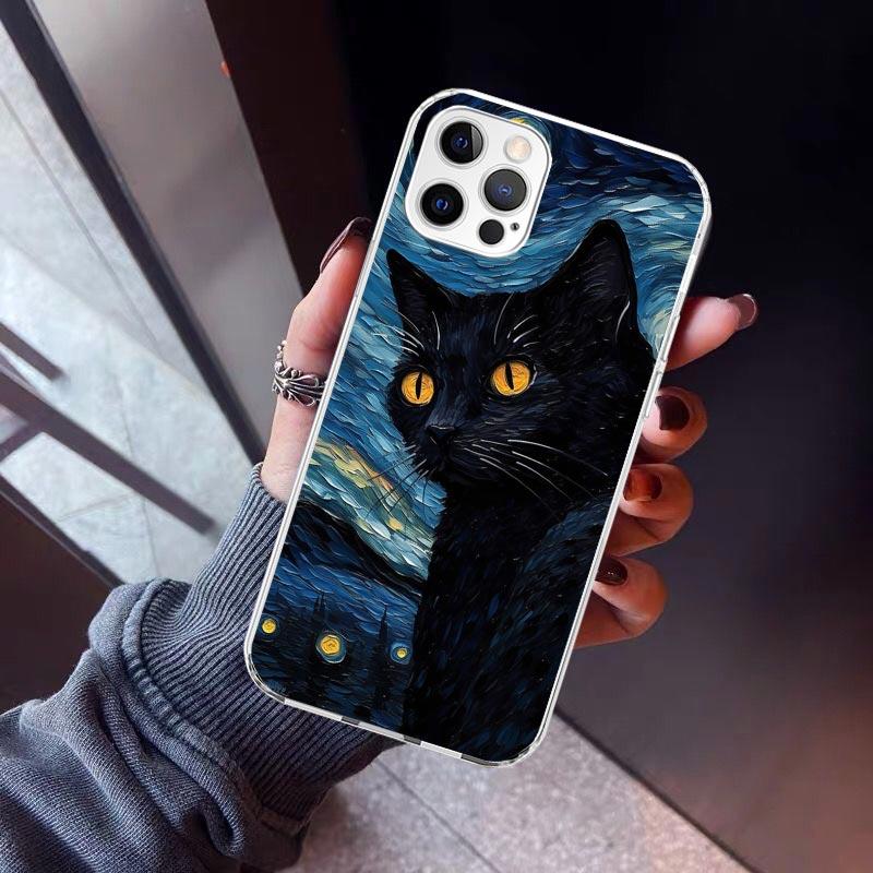 Cartoon Cute Black Cat Phone Case For iPhone 17 Air 16 15 Pro Max 14 Plus 13 Mini 12 11 Cover 7 8 SE Silicone Shell Print Fundas