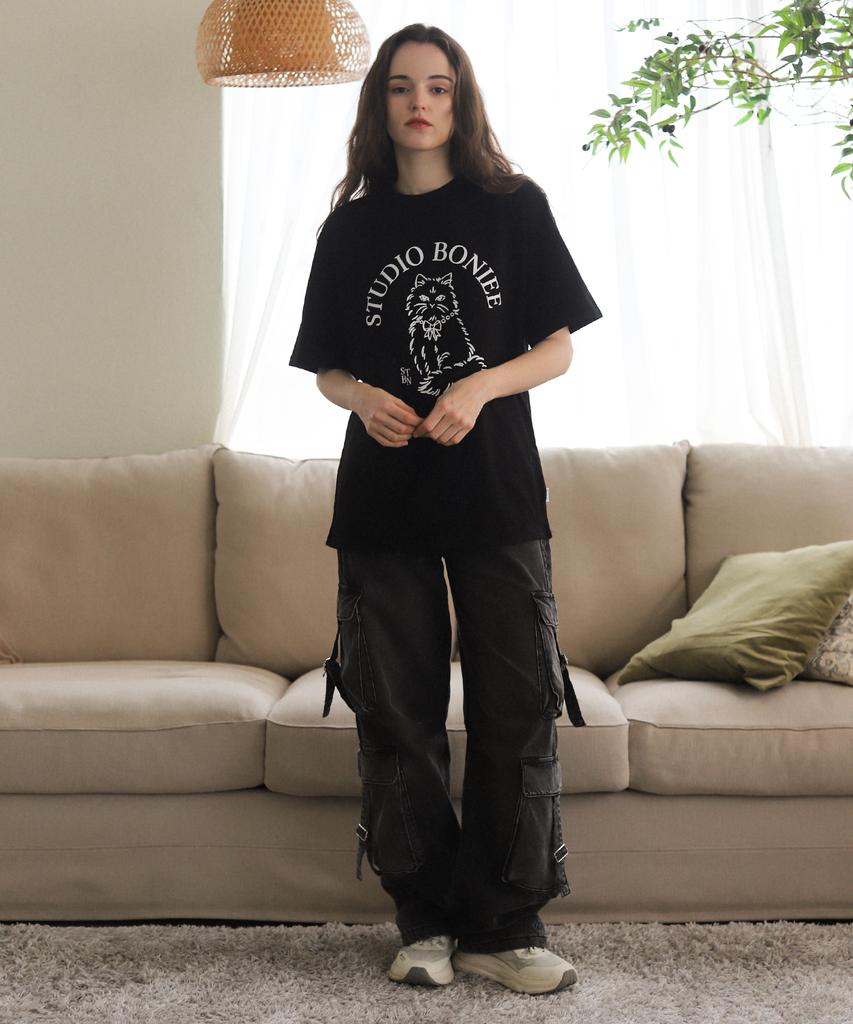 BONIEE New Cat Symbol Cat Graphic Loose Oversized T-Shirt Black