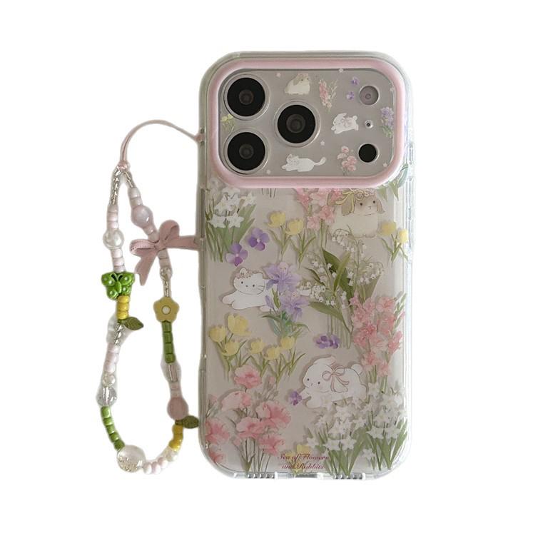 Colorful Flower Bed Kitten Chain Phone Case for iPhone 17/16 Pro Max/15 Pro