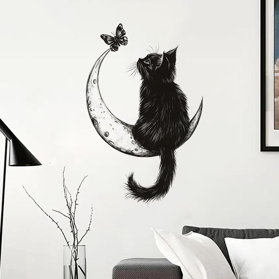 Minimalist Black Cat with Butterfly and Moon Wall Sticker Self-Adhesive Removable Decal for Bedroom Living Room Wall Art
