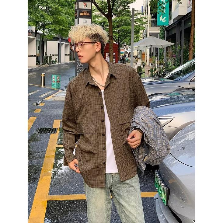 Japanese-Style Retro Large Pocket Plaid Long-Sleeved Shirt Men and Women Vintage Multi-Pocket Couple Contrast Color Shirt Coat