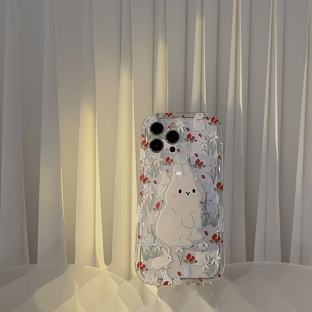 Korean-style floral rabbit design applicable iphone13Apple14Phone case11Cute girl15pro max Bracket16Transparent