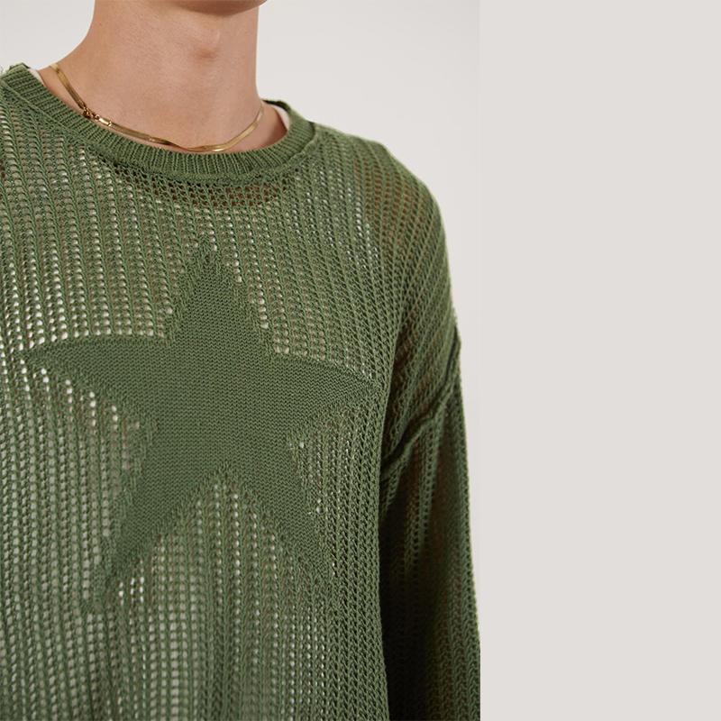Mode frauen Fünf-Punkt-Stern Hohl Pullover frauen Casual Frühen Herbst Grün Pullover Top