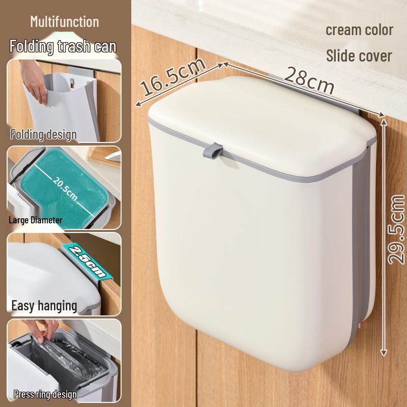 Folding Kitchen Trash Can - Cabinet Door Hanging & Wall-Mounted with Sliding Lid for Household Waste Storage and Hygiene
