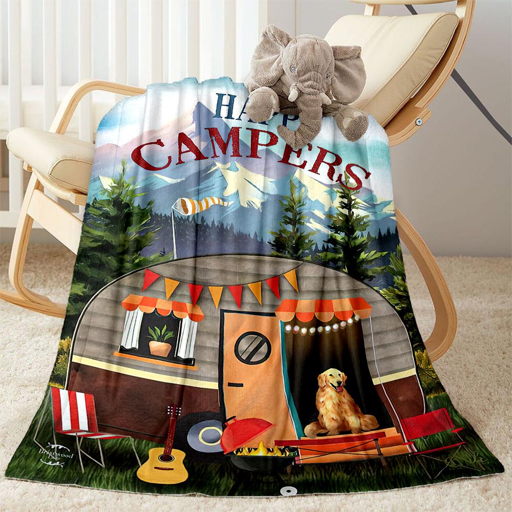 Happy Camper Adventure Blankets Are Suitable for Living Rooms,making Them an Ideal Choice for Outdoor Travel and Gifts.