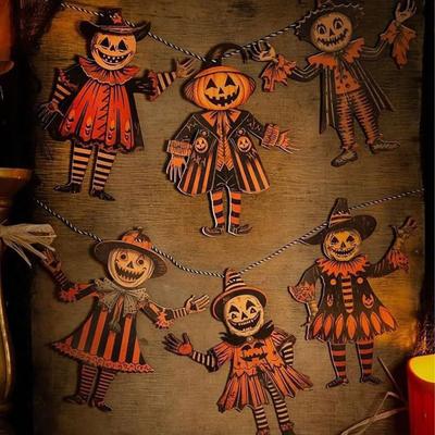 Vintage Weihnachten Holzbanner Horror Kürbis Hexe Halloween Wimpelkette Hirsch Weihnachtsmann Banner Hängende Wanddekoration für Zuhause Festliche Party Weihnachtsdeko