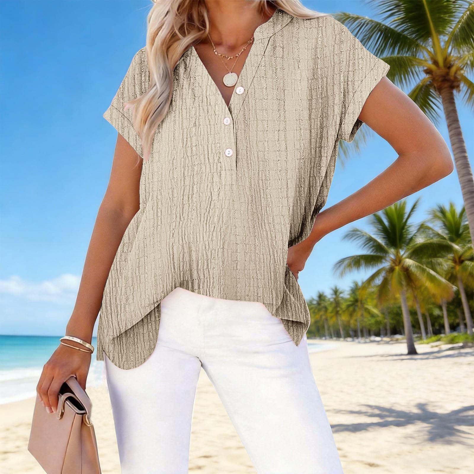 

Women s Fashion Solid Color Short Sleeve V Neck Loose Button Front Casual Office Workwear Tunic Top Blouse M