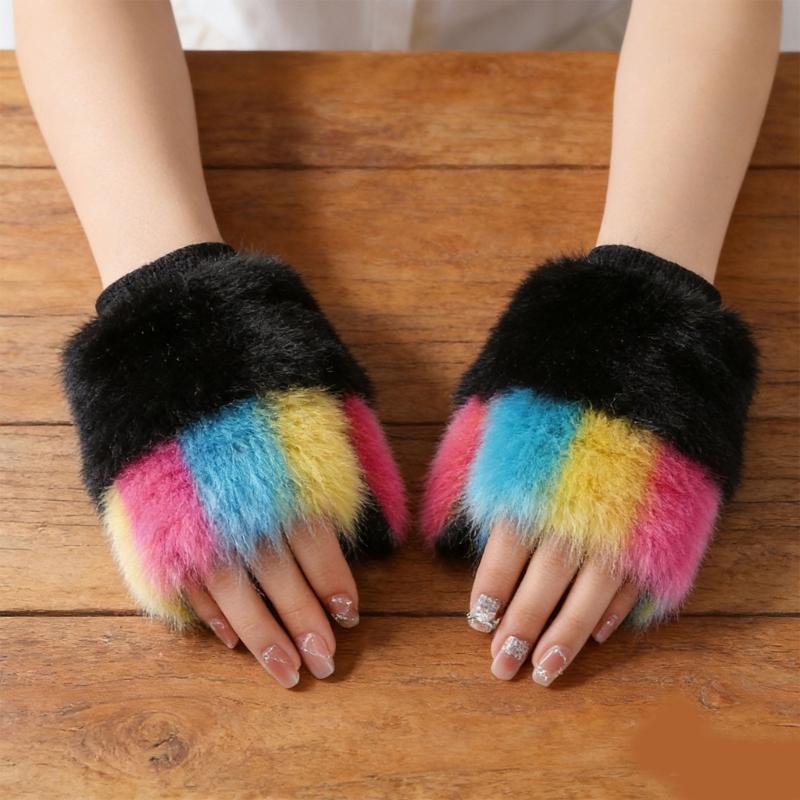 Fingerless Rainbow Fleece Gloves For Winter Soft Plush Warmth Unisex Design Colorful Bear Cosplay