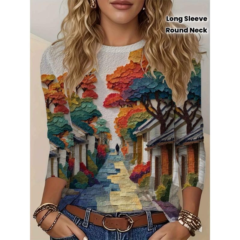 

Ladies artistic sense autumn alley visual three-dimensional printing long sleeved T-shirt casual round neck landscape pattern top 6XL