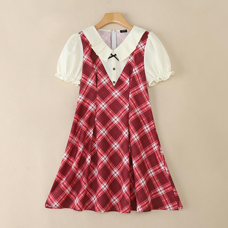 VONDA Women Elegant Puff Sleeve Stitching Neck Casual Mini Pleated Dress