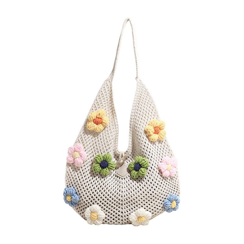 2026 Women's One-Shoulder Tote: Large Capacity, Three-Dimensional Floral Hollow Woven Design