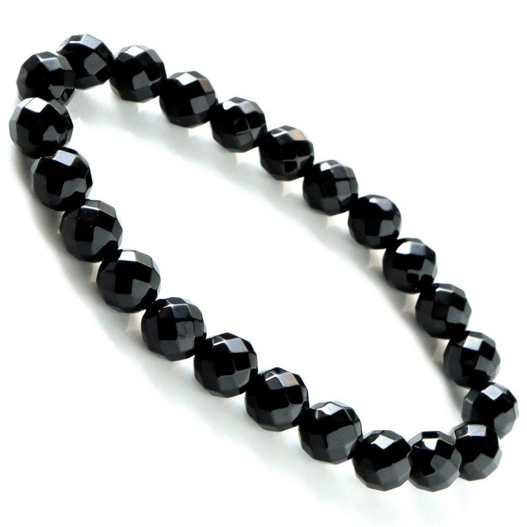 and Onyx and Black Agate Natural Power Stone 64 Inner Men's Women's Bracelet, Facets, 8mm, Circumference Approx. 16.5cm