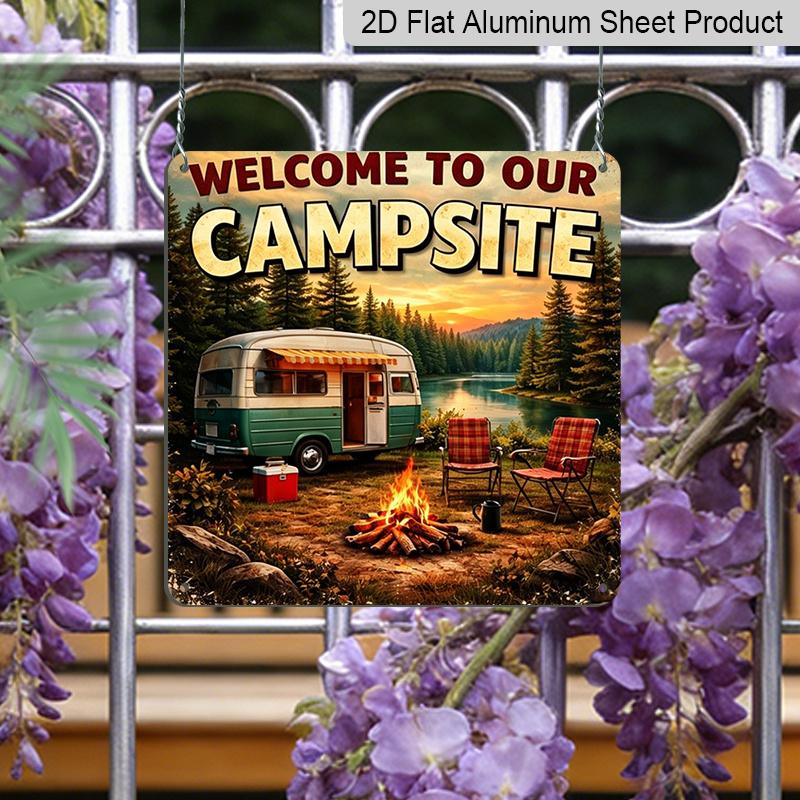 2D Flat, 1pc Vintage Metal Camp Sign - Rustic "Welcome To Our Campsite" Wall Decor Plaque Suitable for Outdoor Use, Cabin, RV, Entrance - Camping