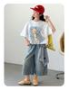 Girls' Summer Set 2026 New Style Children's Fashionable and Stylish Medium to Large Children's Loose Short sleeved Cowboy Shorts Two Piece Set