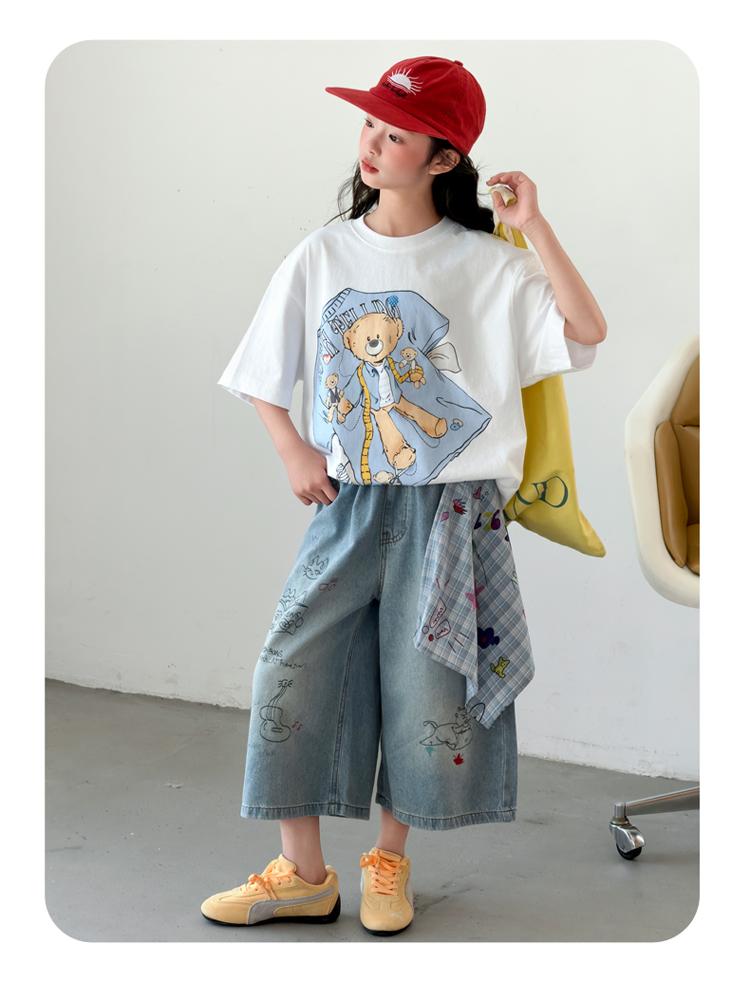 Girls' Summer Set 2026 New Style Children's Fashionable and Stylish Medium to Large Children's Loose Short sleeved Cowboy Shorts Two Piece Set